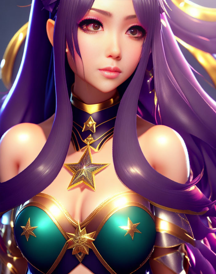 Female character with purple hair, big eyes, teal and gold costume.