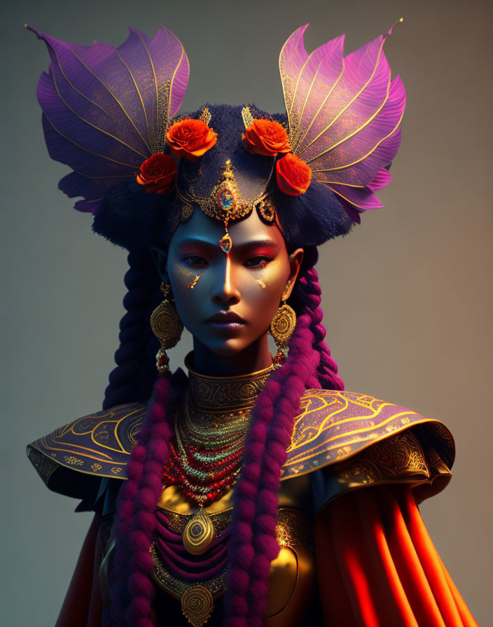 Stylized portrait of woman with purple and gold headdress and red braided hair