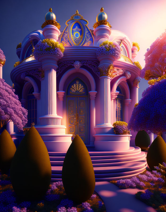 Whimsical Purple Palace with Golden Doors and Clock Feature