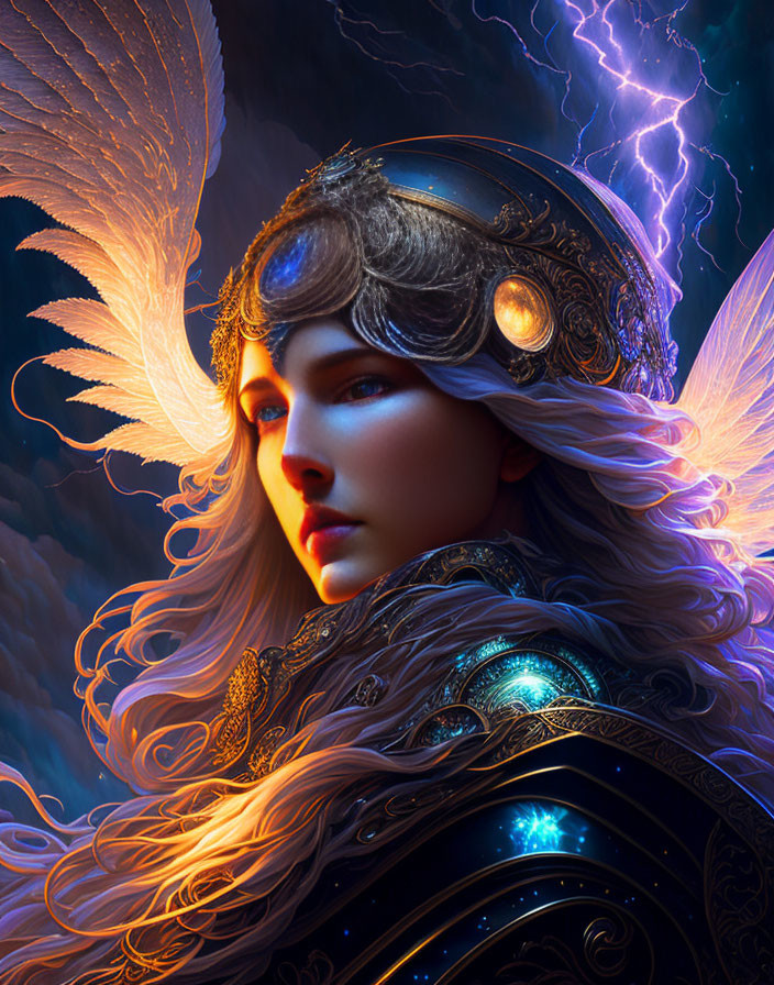 Digital art portrait of a woman with elfin features and radiant wings in ornate armor under a star