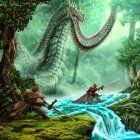 Enormous fantastical creature in misty forest with figure by riverbank