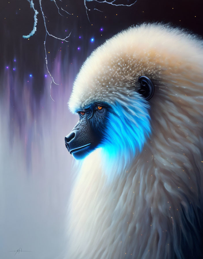 Baboon digital painting with blue and white fur under starry night sky