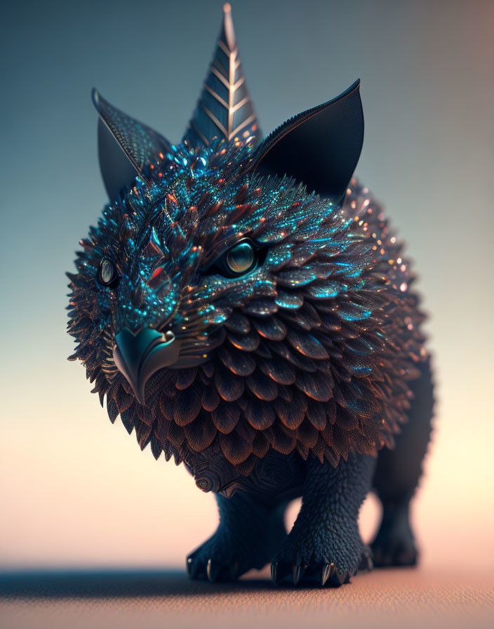 Blue iridescent feathered creature with cat-like ears and expressive eyes on soft-focus backdrop