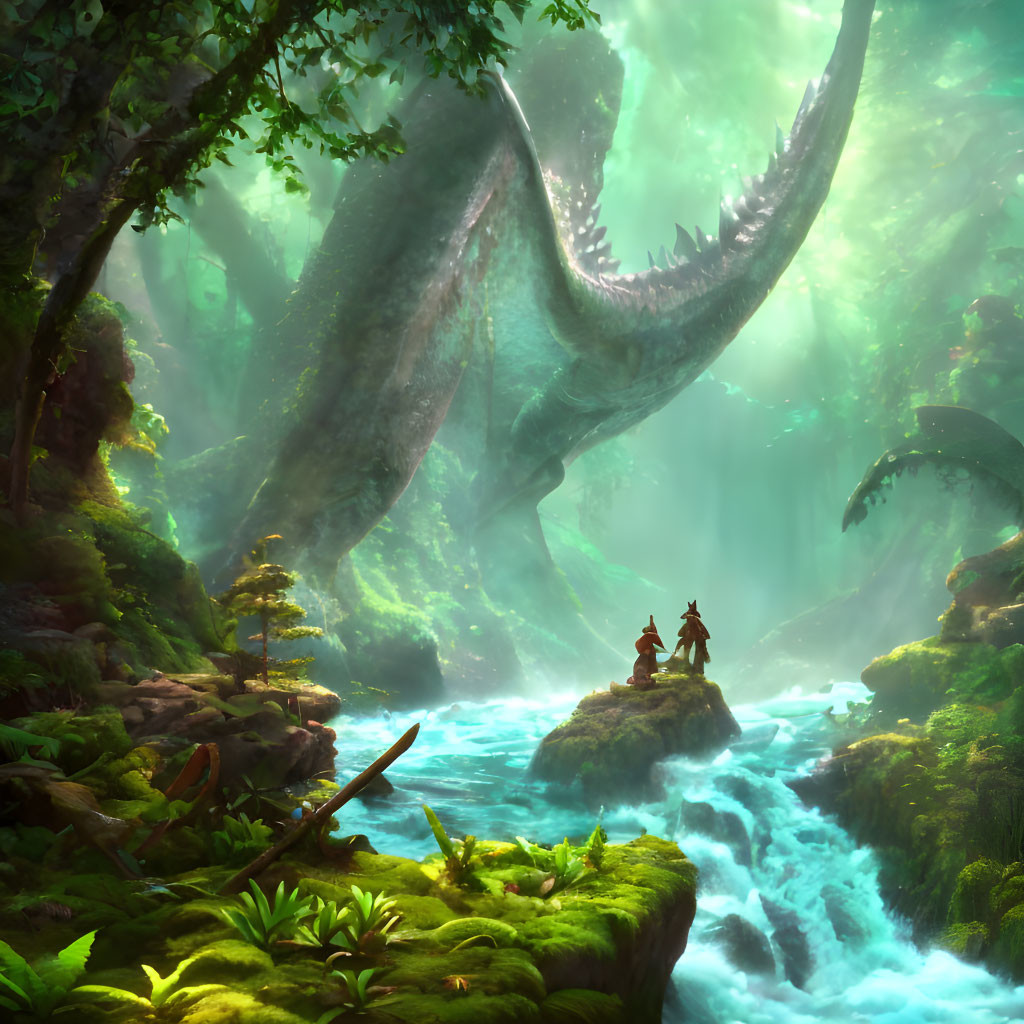 Enormous fantastical creature in misty forest with figure by riverbank