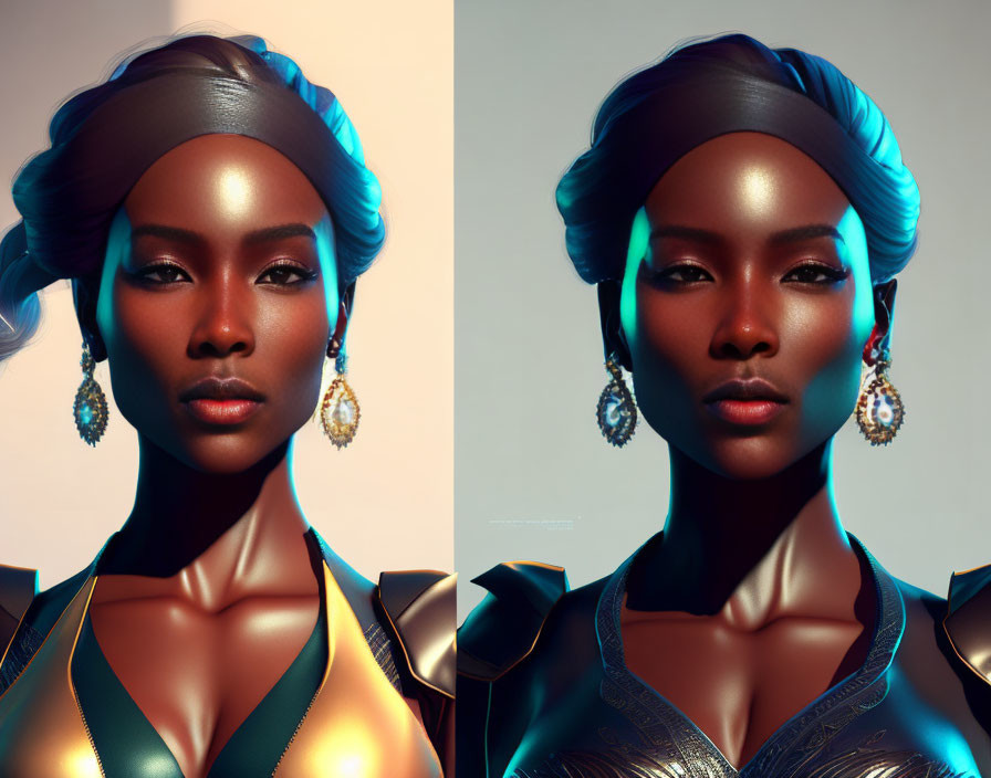 Woman with teal headwrap and intricate earrings in digital artwork