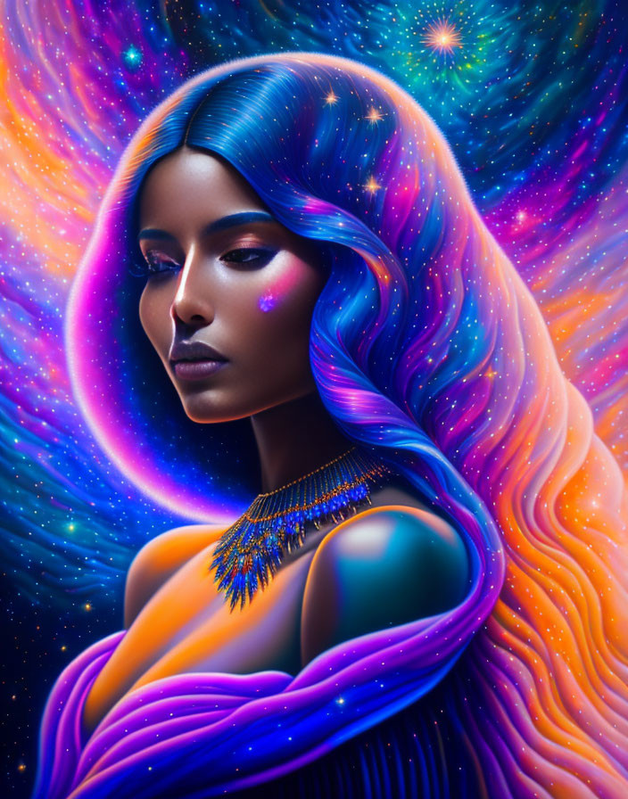 Vibrant cosmic-themed hair and makeup on woman against starry background