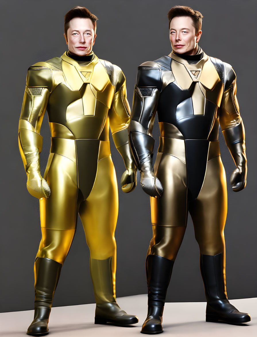 Two individuals in gold and black superhero suits posing against a gray backdrop