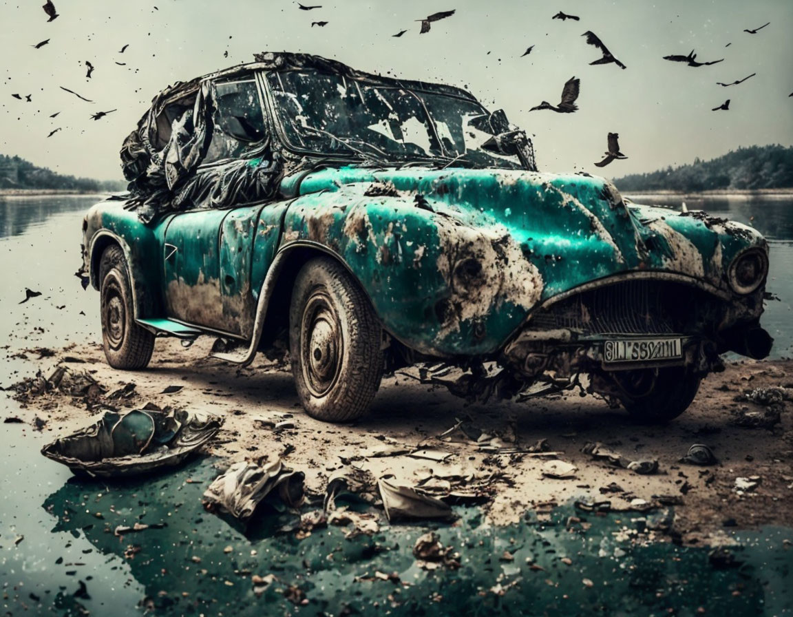 Deteriorating car with flaking paint surrounded by flying birds on desolate lakeside