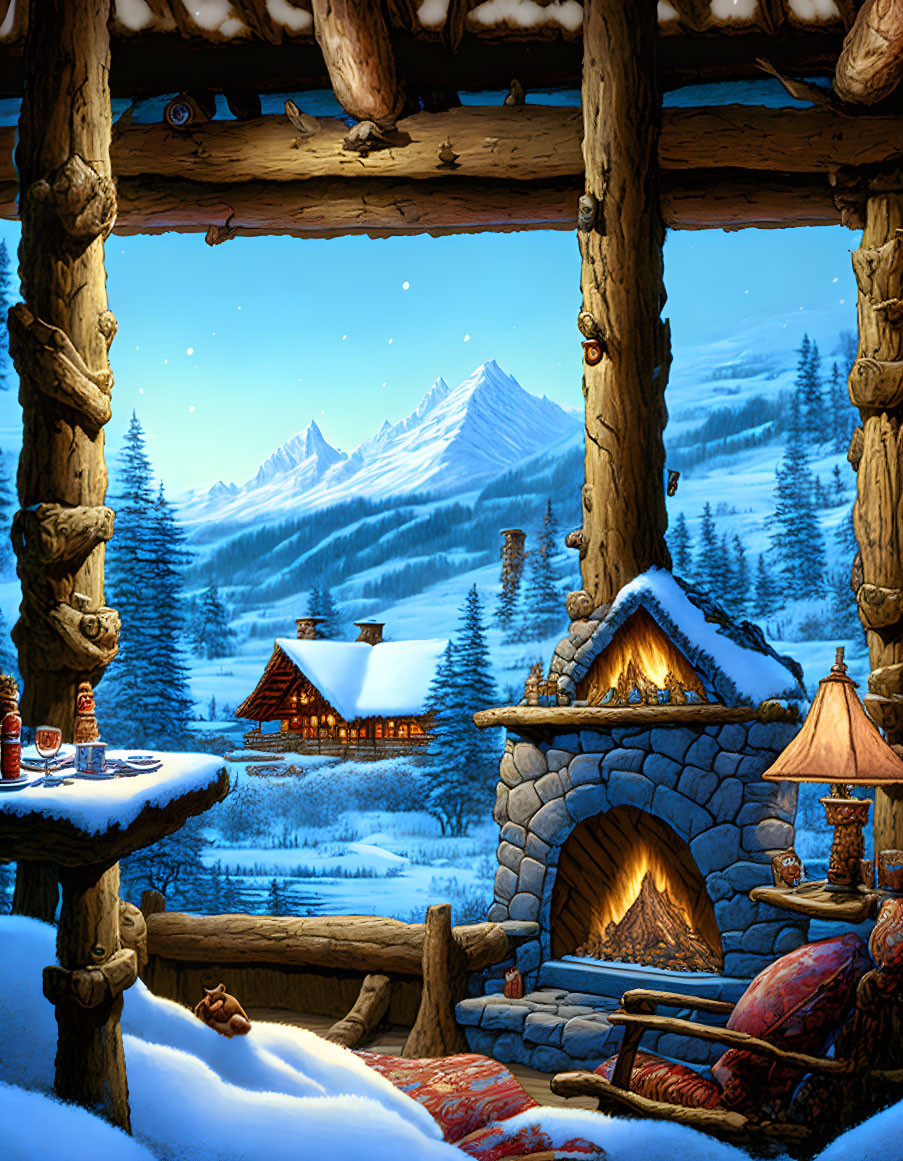 Rustic cabin interior with fireplace, snowy mountain view, and starry night sky