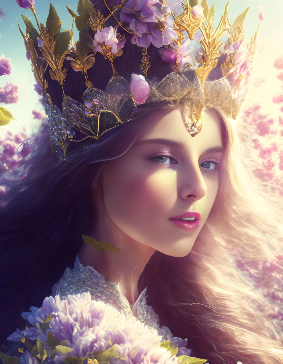 Woman with floral crown and long hair among pink blossoms in fairy tale setting