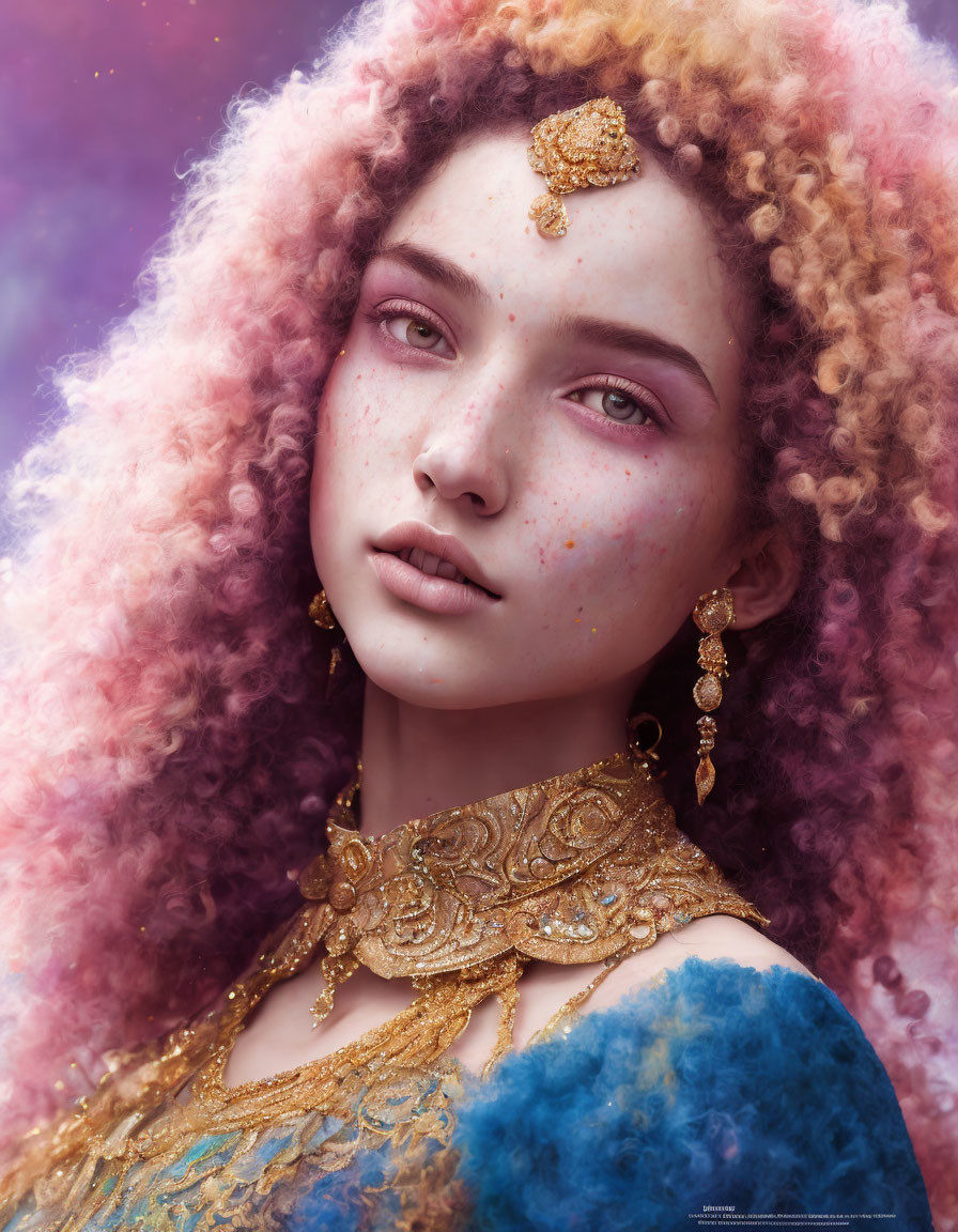 Voluminous curly hair in pink to blonde gradient, gold jewelry, blue and gold garment on pink