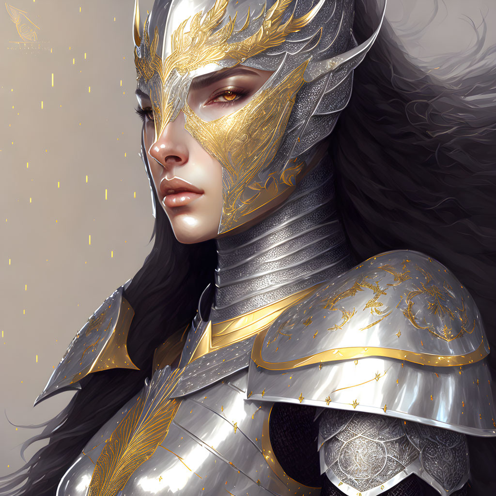 Female warrior digital artwork with ornate golden armor and silver helmet