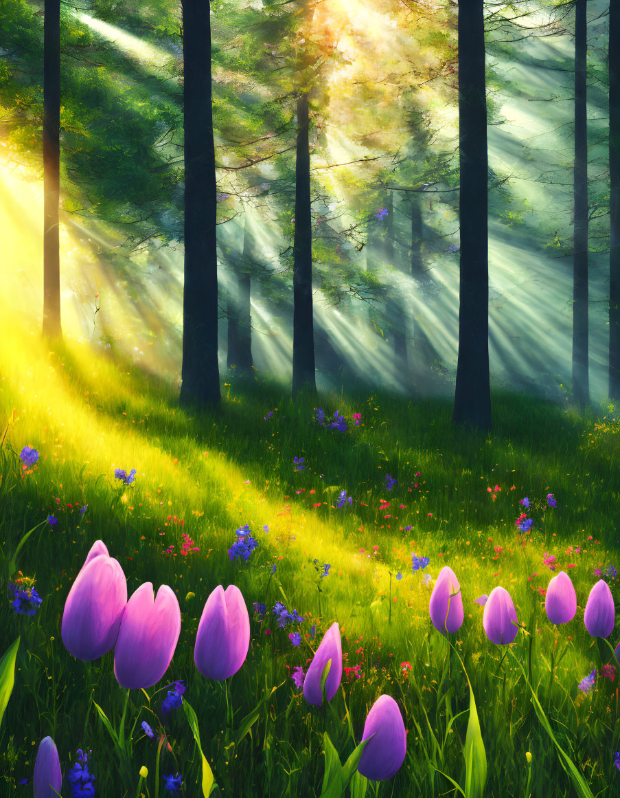 Sunlit Forest with Beams of Light and Vibrant Tulips