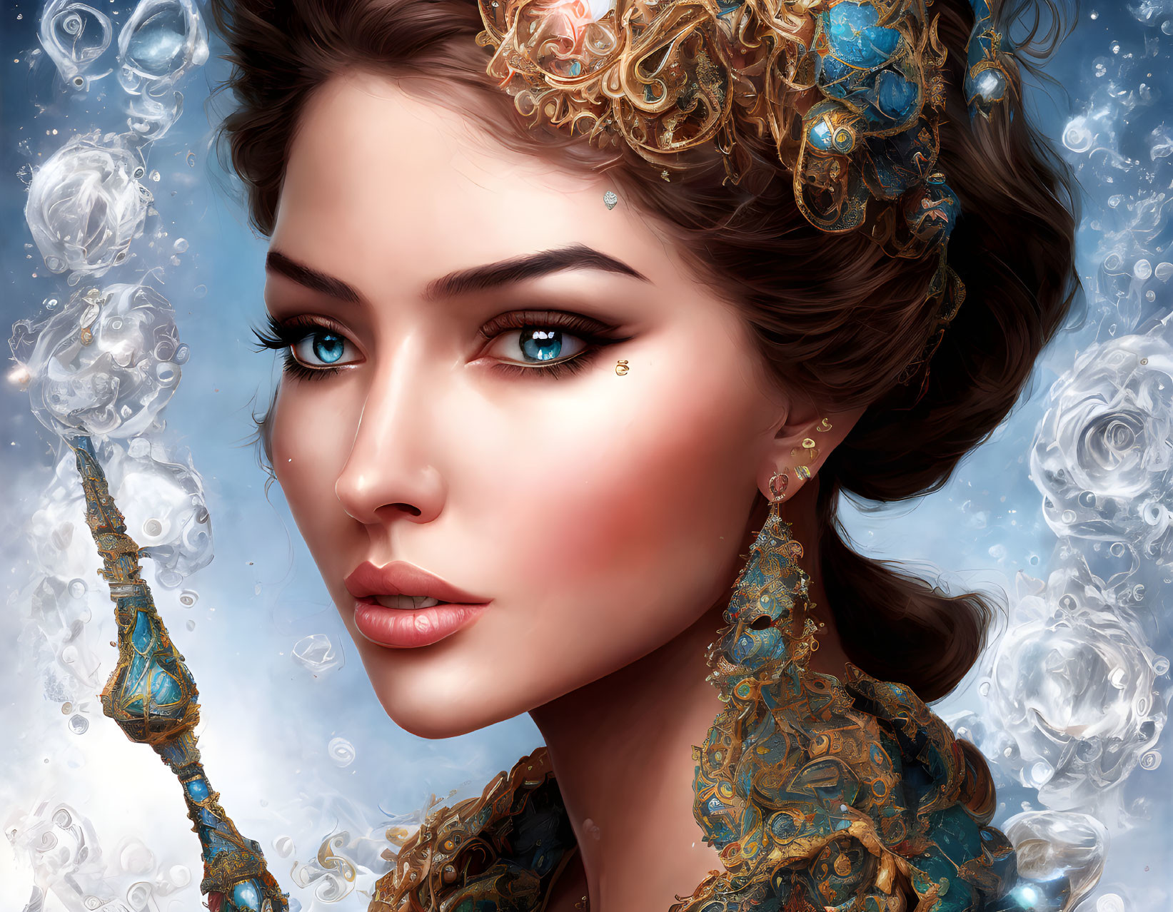 Digital Close-Up Illustration of Woman with Golden Ornaments and Floating Bubbles on Blue Background