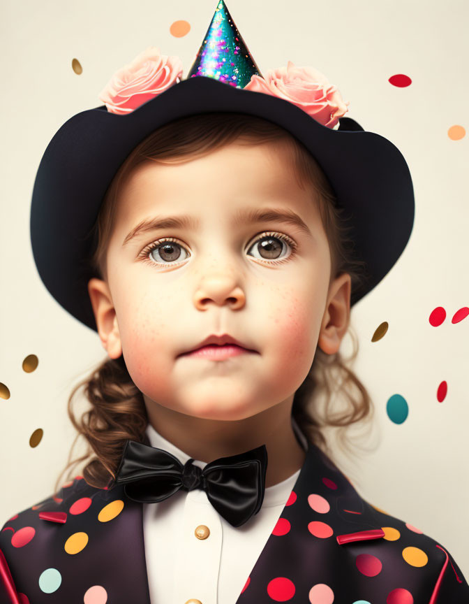 Young child in party attire with confetti and flowers hat.