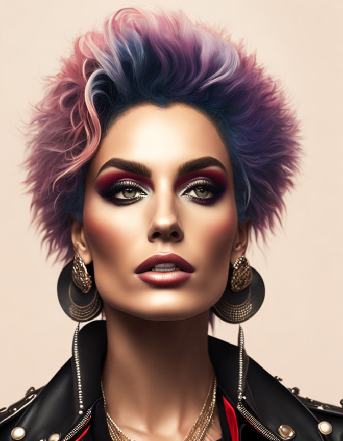 Colorful-haired woman with bold makeup in leather jacket and hoop earrings on tan backdrop