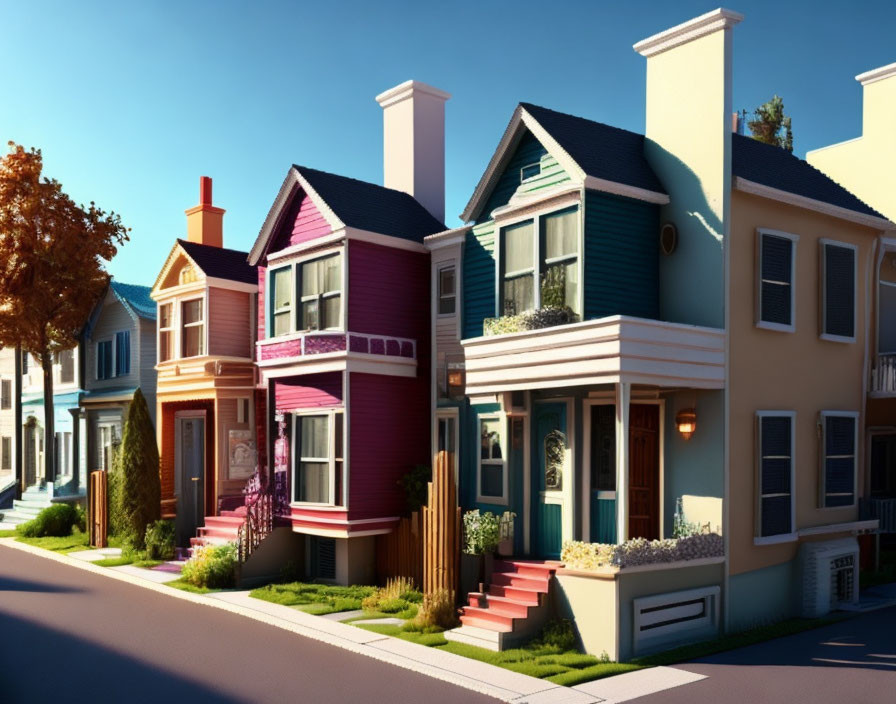 Vibrant suburban houses under clear blue skies and tidy sidewalks