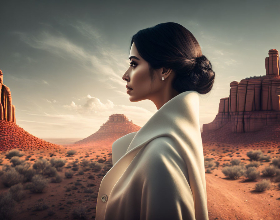 Stylish woman in coat with desert landscape and rock formations.