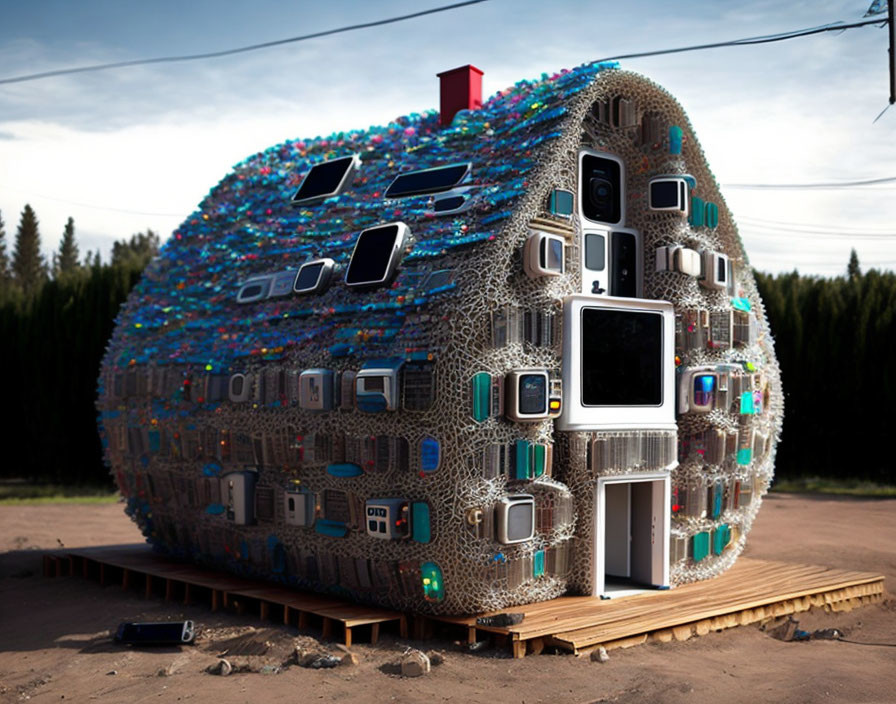 Egg-shaped house with colorful recycled materials and white door