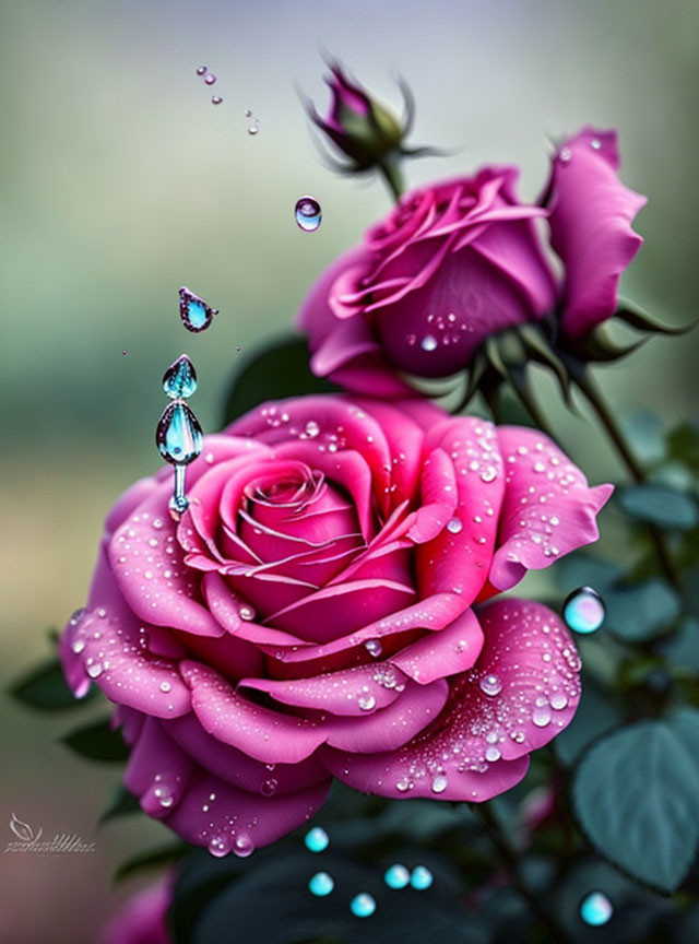 Beautiful Pink Roses with Water Droplets on Soft Background