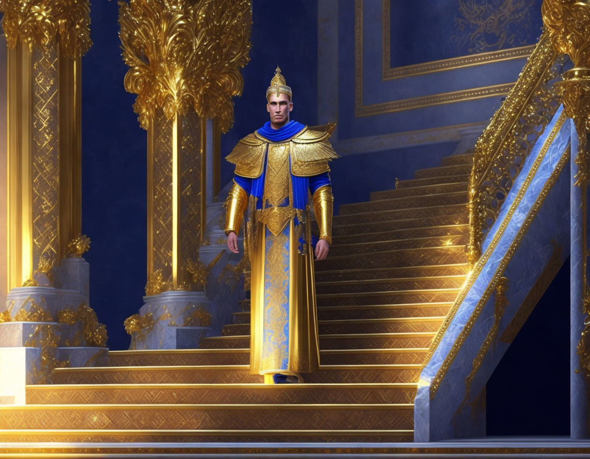 Regal man in golden armor descends palace staircase