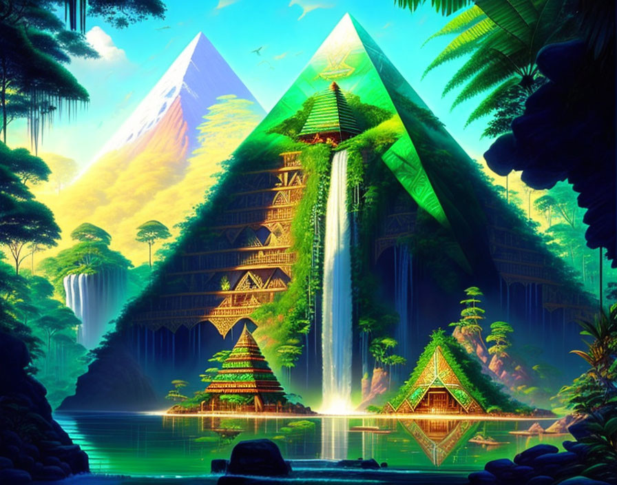 Colorful fantasy landscape with waterfalls, pyramids, and lush greenery
