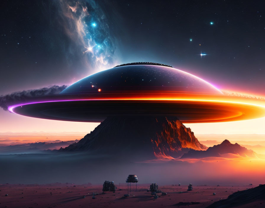 Vividly Colored UFO Over Mountainous Landscape at Sunset