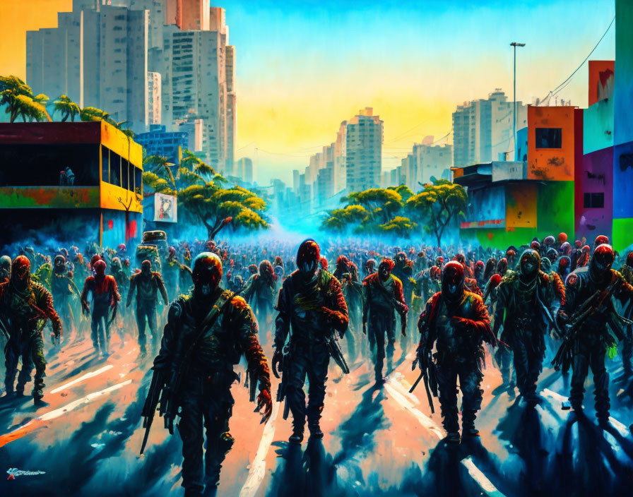 Crowd in Gas Masks Walk Through Colorful Post-Apocalyptic City