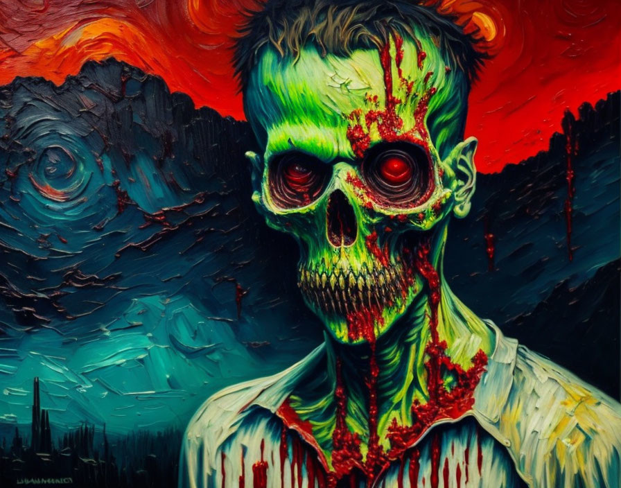 Detailed zombie painting with red eyes and blood stains in apocalyptic setting