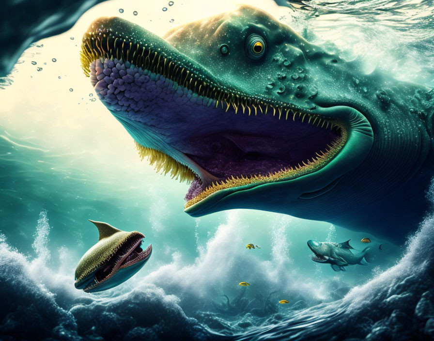 Digital artwork: Large sea creature emerges from turbulent waves with smaller aquatic animals.