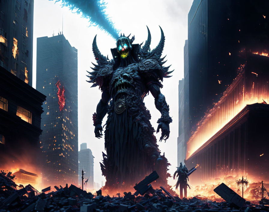 Monstrous creature with horns and glowing eyes in destroyed cityscape.