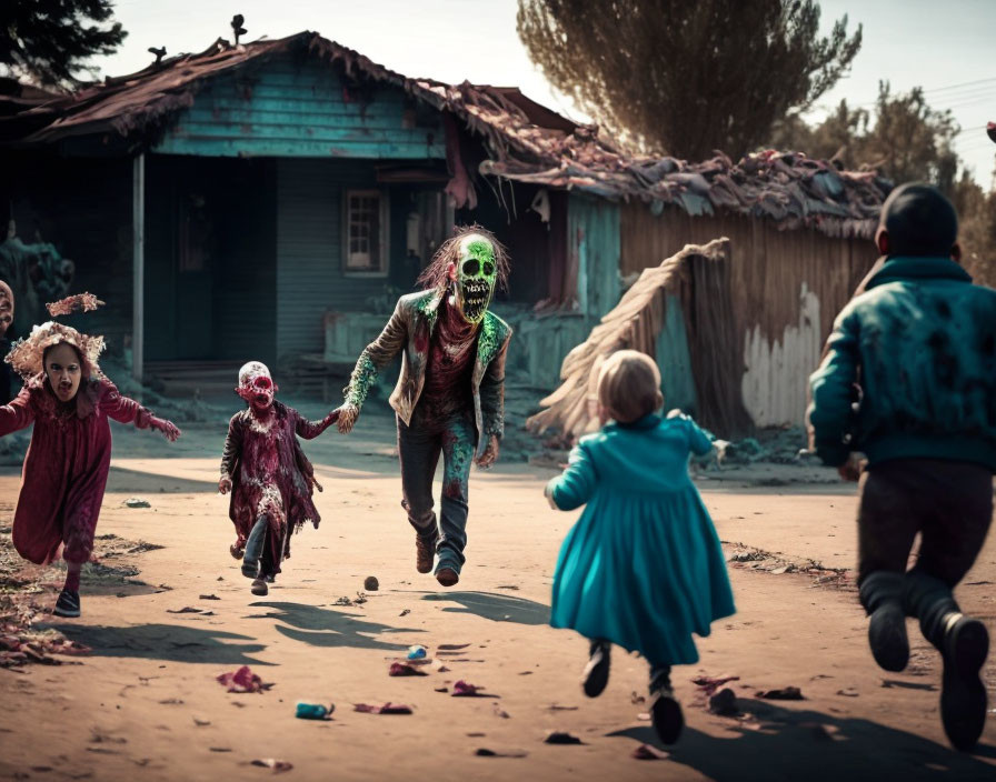 Children chased by zombie costumes in Halloween scene with fall colors