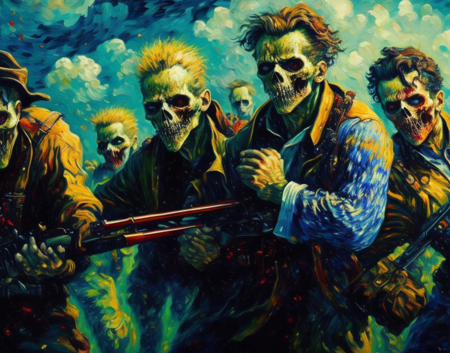 Dynamic painting of intense zombies with guns in tattered clothing