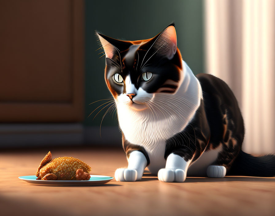 Calico cat 3D animation with fried chicken on blue plate