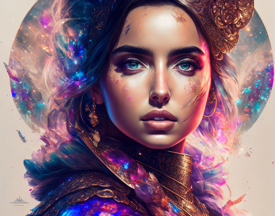 Ethereal digital portrait with galaxy elements and vibrant colors