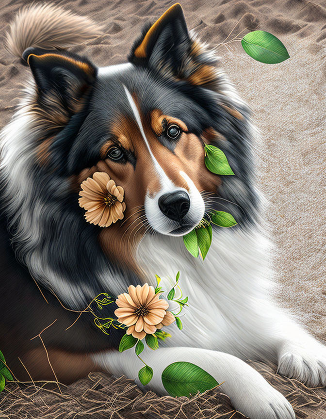 Tricolor Shetland Sheepdog with yellow flowers and green leaves on sandy ground