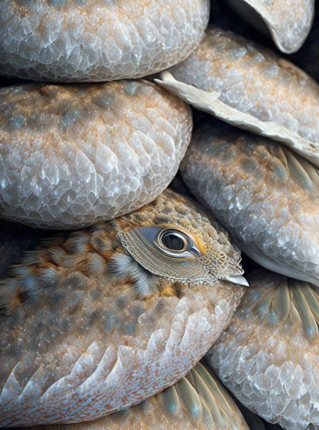 Detailed Close-Up of Camouflaged Bird with Intricate Feather Patterns