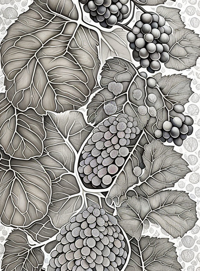 Detailed Monochrome Grape Clusters with Textured Leaves Illustration