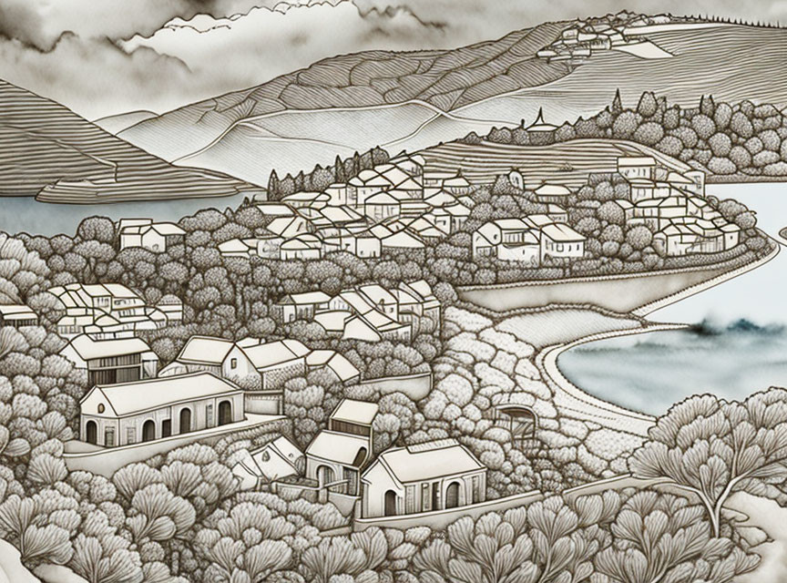 Monochrome illustration of village in hills with river and mountains