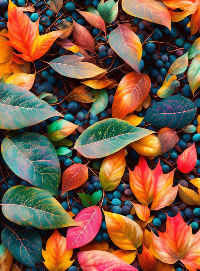 Vibrant Autumn Leaves and Berries in Red, Orange, Yellow, Green