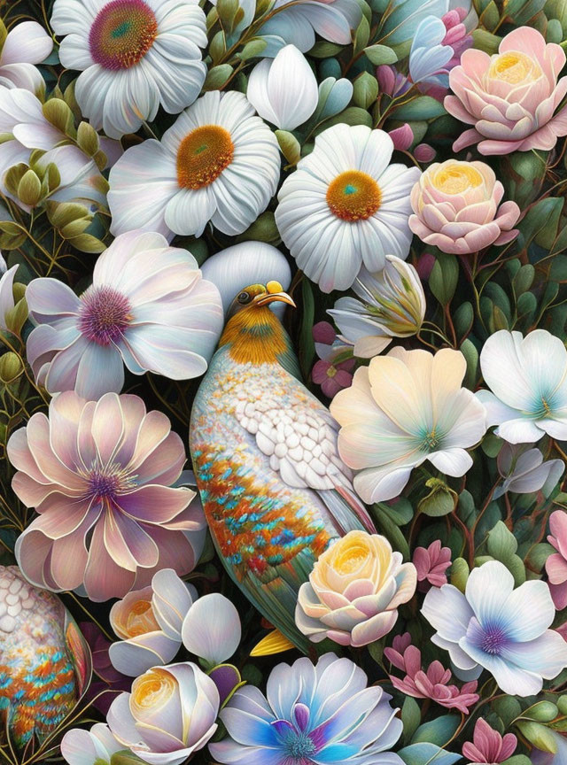 Vibrant botanical scene with colorful bird and blooming flowers