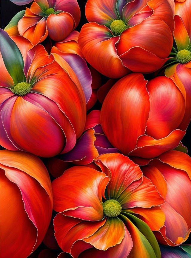 Colorful digital artwork featuring overlapping orange and red tulips with green centers and soft shadows.