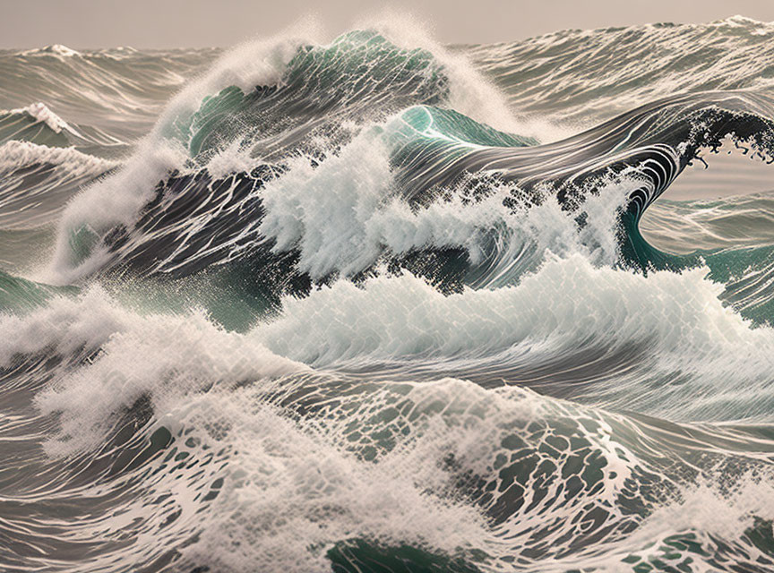 Dynamic Turquoise and White Waves Crashing in Tumultuous Sea