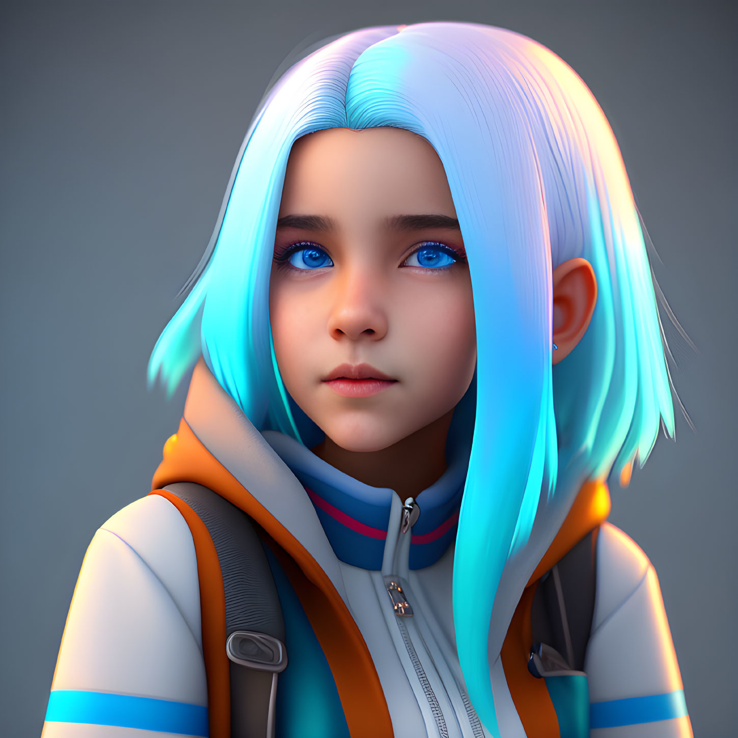 Digital art portrait of young girl with blue & white gradient hair, vibrant blue eyes, modern jacket &