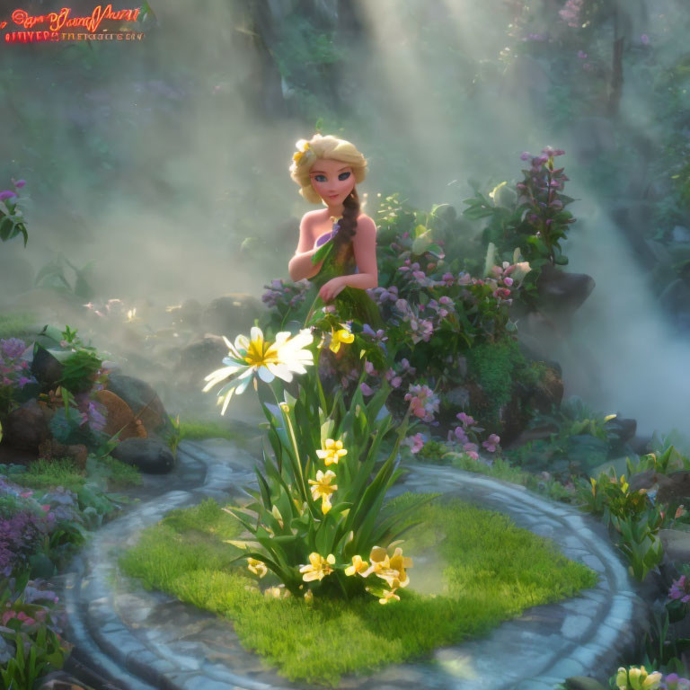 Blonde-haired fairy in enchanted forest with sunlight