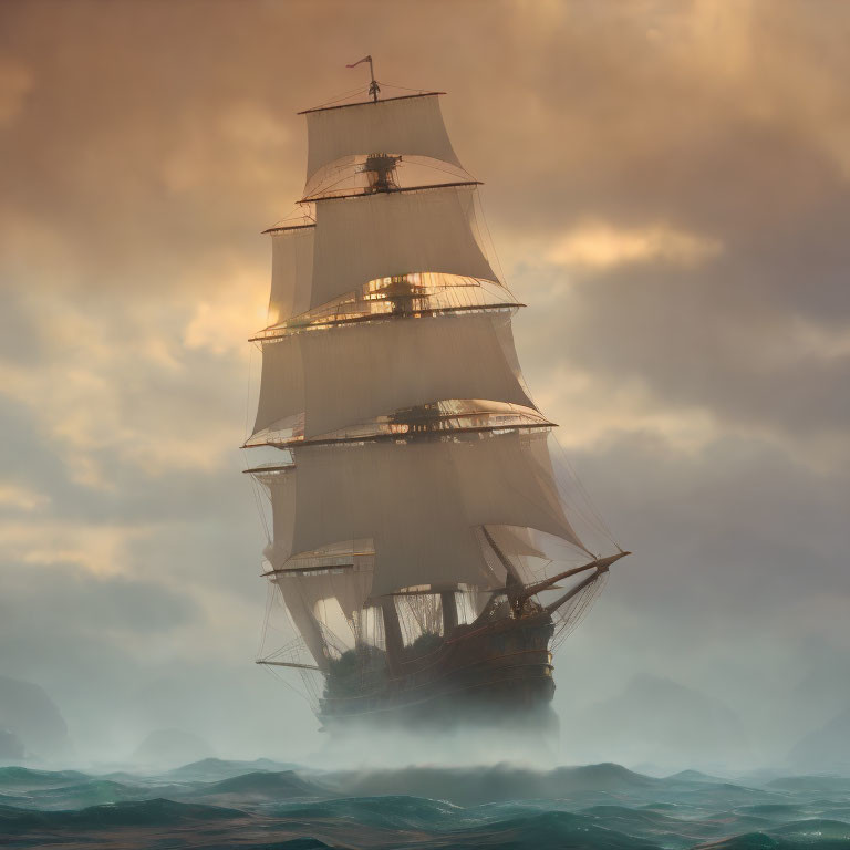 Vintage sailing ship with multiple masts in misty ocean under dramatic sunset sky