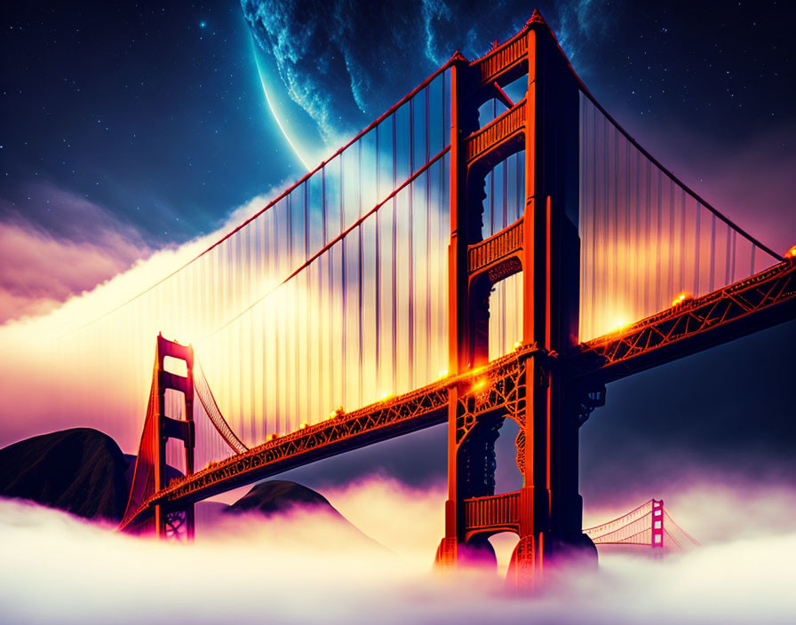 Iconic Golden Gate Bridge at dusk with dramatic sky, fog, and crescent moon