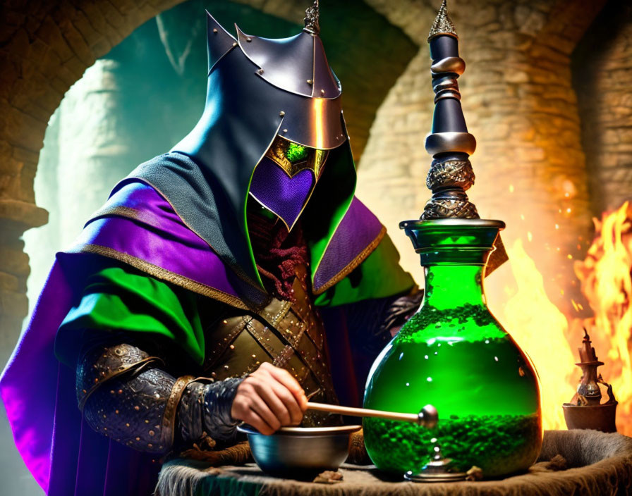 Medieval alchemist in cloak and armor conducts experiment with green potion in stone laboratory