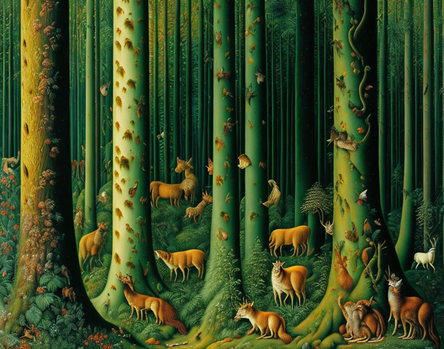 Detailed painting of dense forest with foxes, deer, rabbits, and birds among moss-covered trees.