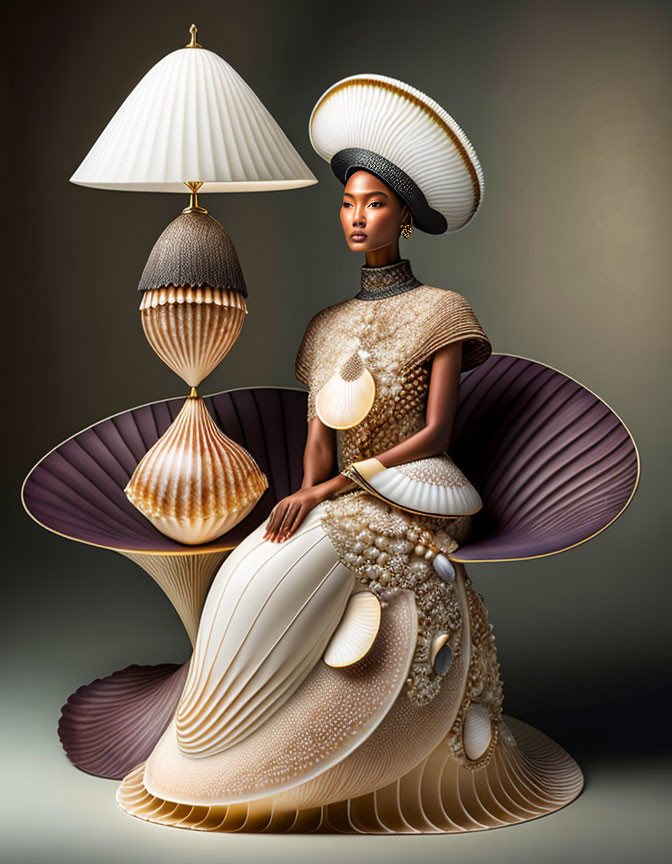 Surreal illustration of woman in seashell-inspired attire